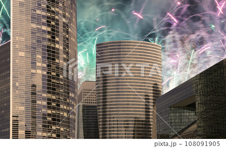 Celebratory fireworks over the Skyscrapers La Defense, commercial and business center of Paris, France Celebratory fireworks over the Skyscrapers La Defense, commercial and business center of Paris, France 108091905