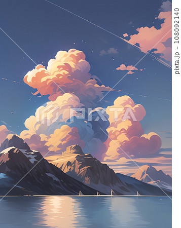 夕焼けに染まる山と雲 夕焼けに染まる山と雲 108092140