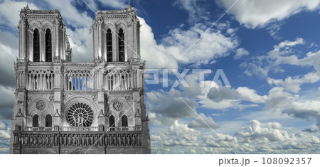 Notre Dame de Paris (against the background of sky with clouds), also known as Notre Dame Cathedral or simply Notre Dame, is a Gothic, Roman Catholic cathedral of Paris, France Notre Dame de Paris (against the background of sky with clouds), also known as Notre Dame Cathedral or simply Notre Dame, is a Gothic, Roman Catholic cathedral of Paris, France 108092357