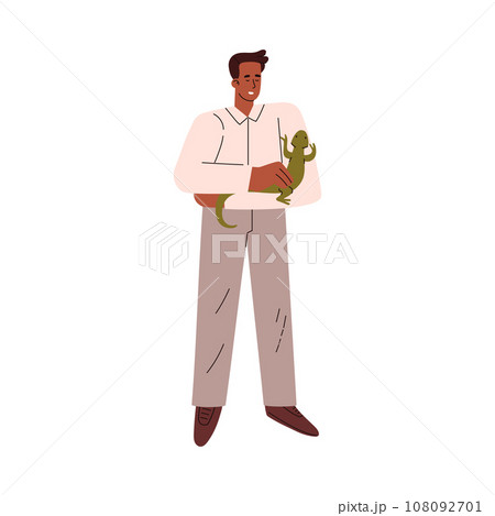 Man is looking on green lizard, vector cartoon guana crawls along the owner's hand, pet reptile exotic animal Man is looking on green lizard, vector cartoon guana crawls along the owner's hand, pet reptile exotic animal 108092701