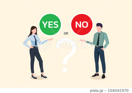 Business decision yes or no,right or wrong,true or false, correct and incorrect, businessman and businesswoman making decision. Vector illustration. 108092970
