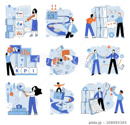 Quality control. Vector illustration. The quality control concept emphasizes importance ensuring consistent quality Examining product samples helps assess overall quality Analyzing data from quality 108093165