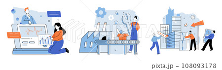 Product to service model. Vector illustration. Different occupations contribute to successful production and delivery products and services Performance evaluation helps identify areas for improvement 108093178