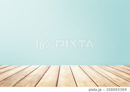Empty wooden deck table and mint wallpaper background for present product. 108093369