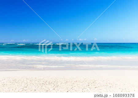 Landscape view of beautiful tropical white sand beach and turquoise sea in sunny day in Punta Cana, Dominican Republic. 108093378