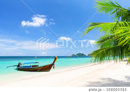 Palm tree and long tail boat on white sand tropical beach in Koh Tao island, Surat Thani Province, Thailand. 108093383