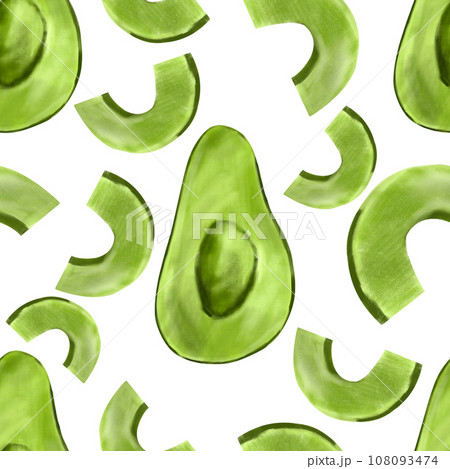 Watercolor seamless pattern with avocado. Pattern with green ripe avocado, avocado slices, green juicy ripe tropical fruit. Pattern with avocado Watercolor seamless pattern with avocado. Pattern with green ripe avocado, avocado slices, green juicy ripe tropical fruit. Pattern with avocado 108093474