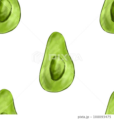 Watercolor seamless pattern with avocado. Pattern with green ripe avocado, avocado slices, green juicy ripe tropical fruit. Pattern with avocado 108093475
