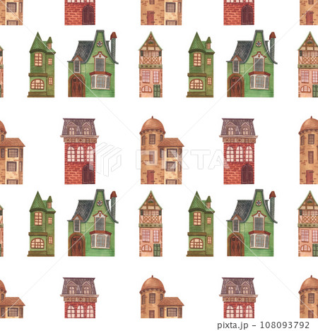 Illustration house home cottage cosy building estate painted by watercolor cartoon pattern. Hand-drawn cute print of architecture suburban old european town. Illustration house home cottage cosy building estate painted by watercolor cartoon pattern. Hand-drawn cute print of architecture suburban old european town. 108093792