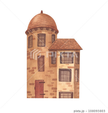 House home cottage cosy building estate painted by watercolor isolated on a white background cartoon illustration. Hand-drawn cute of architecture suburban old european town. 108093803