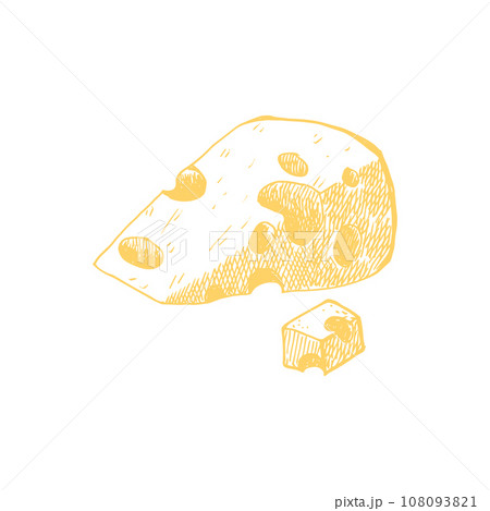 Watercolor piece swiss cheeses emmental cheese triangle with holes. Delicious milk food hand-drawn illustration isolated on white background. Perfect for menu, recipe, label, packaging design. 108093821