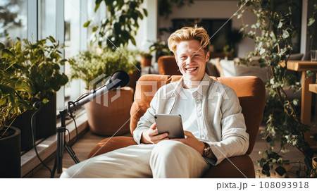 A young blogger or gamer, writes out a podcast and smiles kindly. The guy Student Streamer conducts a review A young blogger or gamer, writes out a podcast and smiles kindly. The guy Student Streamer conducts a review 108093918