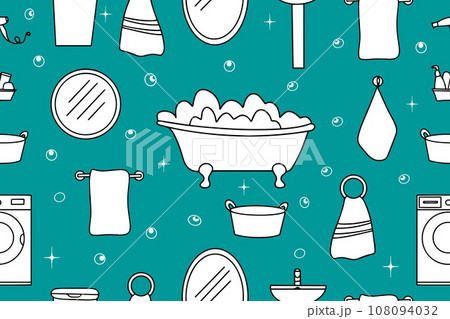 Seamless pattern with bathtub, washing machine and bath accessories. Vector hand drawn illustration in doodle style. Ideal for printing, wrapping paper. Vector illustration Seamless pattern with bathtub, washing machine and bath accessories. Vector hand drawn illustration in doodle style. Ideal for printing, wrapping paper. Vector illustration 108094032