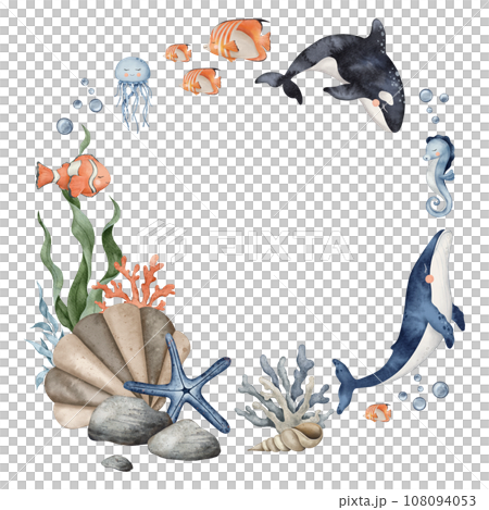 Seamless border of orca, jellyfish, whale, seahorse, coral and seaweed algae. Hand drawn watercolor illustration. Marine, tropical collection for cards, baby shower, printing, banner. 108094053
