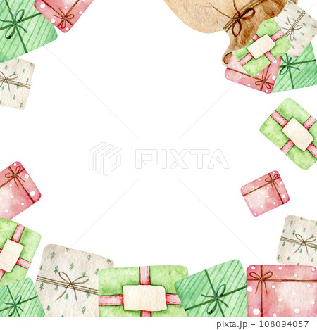 Watercolor colorful gift boxes frame with space for text. Hand drawn Christmas illustration isolated on background for cards, invitations to the holiday. 108094057