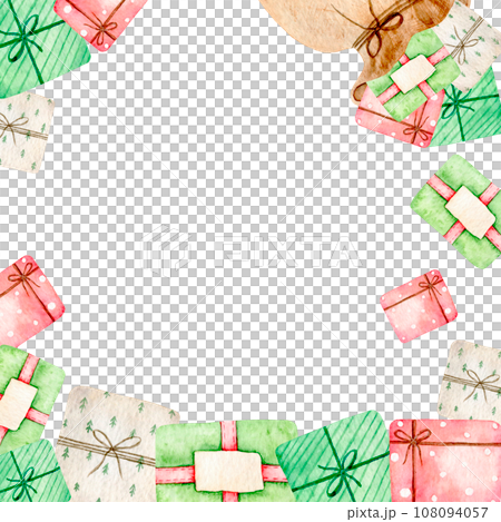 Watercolor colorful gift boxes frame with space for text. Hand drawn Christmas illustration isolated on background for cards, invitations to the holiday. 108094057