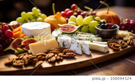 Cheese plate served with grapes, jam, figs, crackers and nuts on a wooden background 108094324