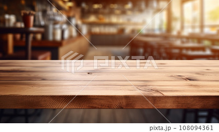 image of wooden table in front of abstract blurred background of resturant lights image of wooden table in front of abstract blurred background of resturant lights 108094361