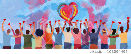 Group of diverse people seen from behind with hands raised holding a heart. Charitable donation and volunteer work. Support and assistance. People diversity. Community.NGO.Aid.No profit Group of diverse people seen from behind with hands raised holding a heart. Charitable donation and volunteer work. Support and assistance. People diversity. Community.NGO.Aid.No profit 108094495