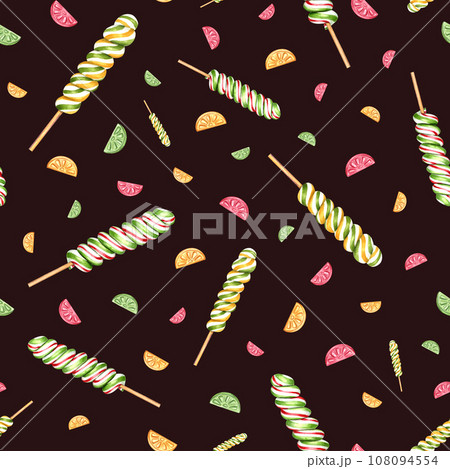 Seamless pattern of spiral lollipops, fruit candies. Bonbons, striped swirls, sugar caramel on stick. Watercolor illustration isolated on black. Delicious ornament for textiles, stationery, scrapbook. 108094554