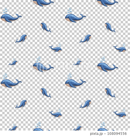 Seamless pattern swimming blue whales. Sperm whale breathe producing water splashes. Background with soft watercolor stains. For textile, print, wrapping. Cartoon style. 108094556