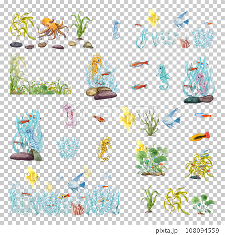 Sea life. Fishes, octopus, seahorse, keeps in the aquatic environment. Underwater world. Algae thickets, weeds and sea animals. Watercolor illustration. For poster, label stickers. Cartoon style. Sea life. Fishes, octopus, seahorse, keeps in the aquatic environment. Underwater world. Algae thickets, weeds and sea animals. Watercolor illustration. For poster, label stickers. Cartoon style. 108094559