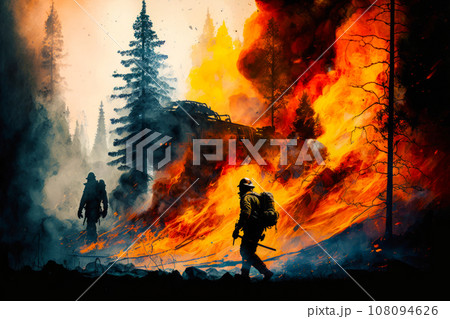 Brave firefighter stands in front of a huge forest fire Brave firefighter stands in front of a huge forest fire 108094626