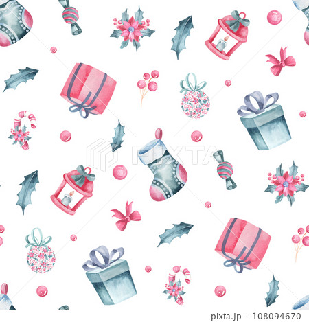 Seamless watercolor pattern for Christmas and New Year. Hand-drawn illustration with gift,box, bow, Christmas ball, anemone on a white background. Ornament for wrapping paper, packaging. 108094670