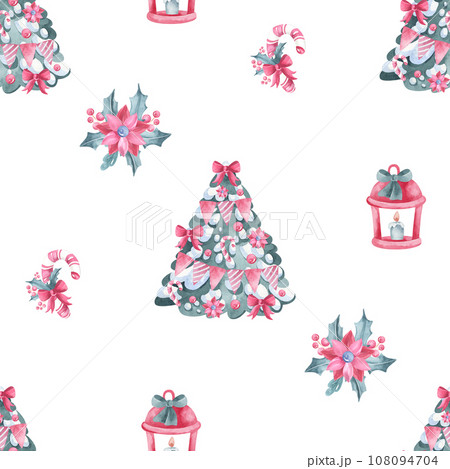 Seamless watercolor pattern for Christmas and New Year. Hand-drawn illustration with Christmas tree, lantern, anemone on a white background.Ornament for wrapping paper,packaging. Seamless watercolor pattern for Christmas and New Year. Hand-drawn illustration with Christmas tree, lantern, anemone on a white background.Ornament for wrapping paper,packaging. 108094704