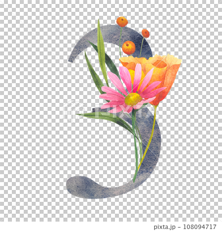 Floral Number 3 three. Watercolor element with botanical wildflowers bouquet. Wedding invitations, greeting card, birthday, logo, poster other ideas. lettering element for postcard design 108094717