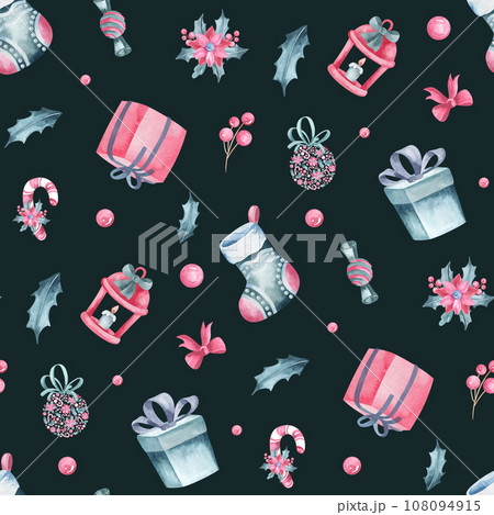 Seamless watercolor pattern for Christmas and New Year. Hand drawn illustration with gift, box, bow, Christmas ball, anemone on black background. Ornament for wrapping paper, packaging. Seamless watercolor pattern for Christmas and New Year. Hand drawn illustration with gift, box, bow, Christmas ball, anemone on black background. Ornament for wrapping paper, packaging. 108094915