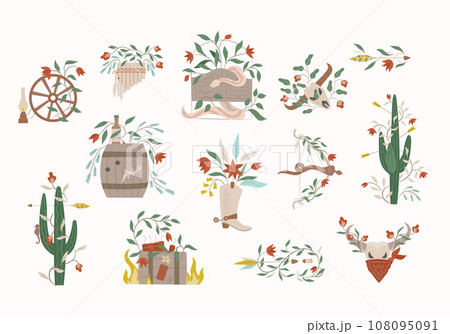 Vintage western wooden saloon door, snake, plants, arrow, skull. Boho buffalo skull with botanical elements for wal art, tattoo, banner. 108095091