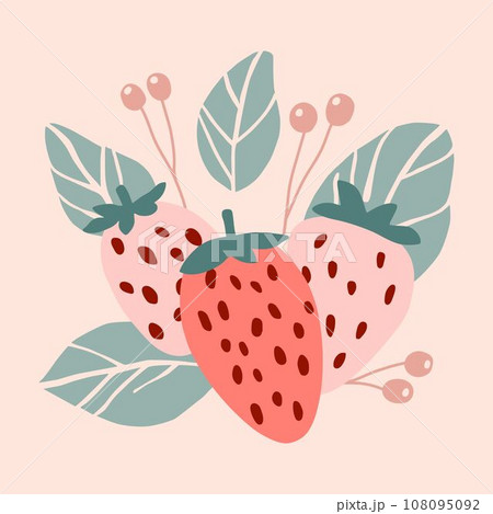 Hand drawn abstract boho poster with strawberries, isolated. Vector flat illustration. For pattern, logo, posters, invitation, greeting card, wall art print. 108095092