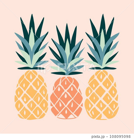 Hand drawn abstract boho poster with pineapple tropical fruit, isolated. Vector flat illustration. For pattern, logo, posters, invitation, greeting card, wall art print. 108095098