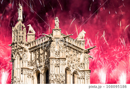 Celebratory colorful fireworks over the Saint-Jacques Tower (Tour Saint-Jacques). Located on Rivoli street, Paris, France. This 52 m Flamboyant Gothic tower (XVI century) Celebratory colorful fireworks over the Saint-Jacques Tower (Tour Saint-Jacques). Located on Rivoli street, Paris, France. This 52 m Flamboyant Gothic tower (XVI century) 108095186