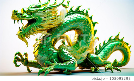 Green dragon figurine sitting on top of blue table top. Generative AI 108095292