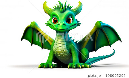 Green and yellow dragon sitting on top of white floor next to white wall. Generative AI 108095293