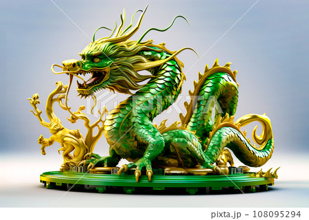 Green and gold dragon statue sitting on top of green table top. Generative AI 108095294