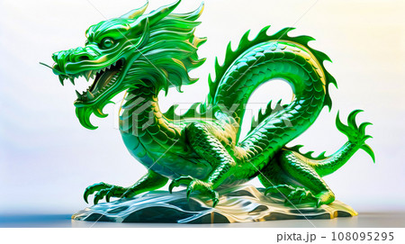 Green dragon statue sitting on top of white table next to white wall. Generative AI 108095295