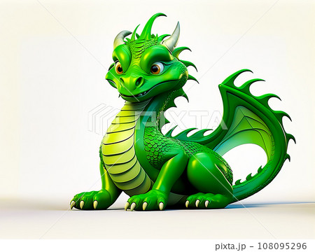 Green dragon sitting on top of white floor next to white wall. Generative AI Green dragon sitting on top of white floor next to white wall. Generative AI 108095296
