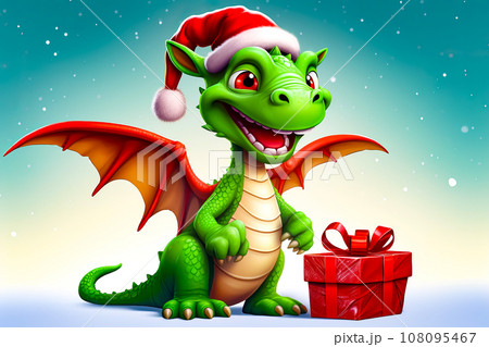 Green dragon wearing santa claus hat next to red gift box. Generative AI Green dragon wearing santa claus hat next to red gift box. Generative AI 108095467