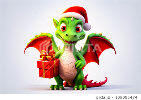 Green dragon wearing santa hat holding gift box and red ribbon. Generative AI 108095474