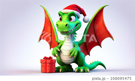 Green dragon wearing santa hat next to gift box with red ribbon. Generative AI 108095475
