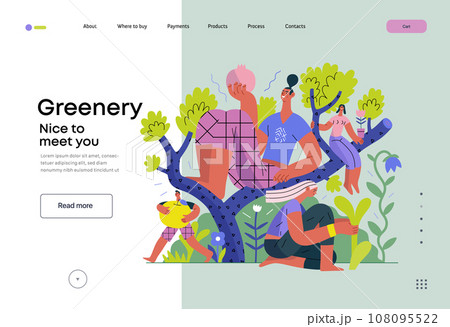 Greenery, ecology -modern flat vector concept illustration of people on a tree, surrounded by plants. Metaphor of environmental sustainability and protection, closeness to nature 108095522