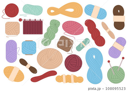 Vector set with wool yarn balls and skeins. Knitting needles. Skein, ball, bobbin. Hobby tools collection. 108095523