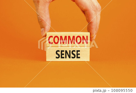 Common sense symbol. Concept words Common sense on beautiful wooden block. Beautiful orange table orange background. Businessman hand. Business, motivational common sense concept. Copy space. Common sense symbol. Concept words Common sense on beautiful wooden block. Beautiful orange table orange background. Businessman hand. Business, motivational common sense concept. Copy space. 108095550