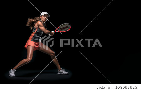 A fictional people. Female tennis player is trying to hit a tennis ball. Place for text, copy space. AI-generated  108095925