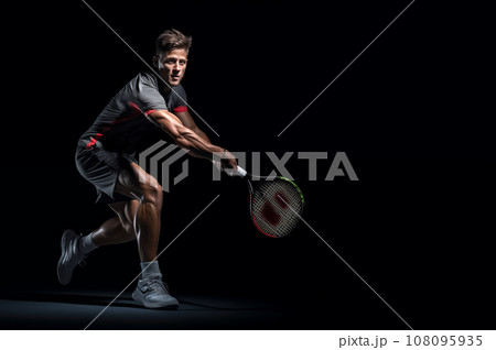 A fictional people. Tennis player is trying to hit a tennis ball. Place for text, copy space. AI-generated  108095935