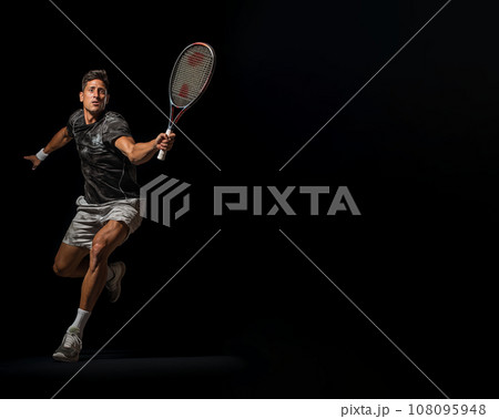 A fictional people. Tennis player is trying to hit a tennis ball. Place for text, copy space. AI-generated  108095948