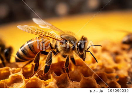 Honey bee with details of the honeycomb structure. Generative AI 108096056